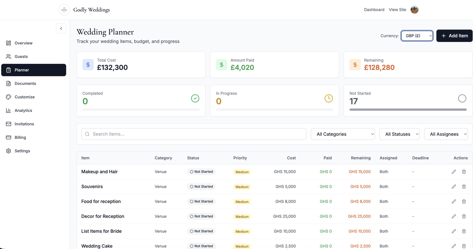 Wedding planner dashboard
